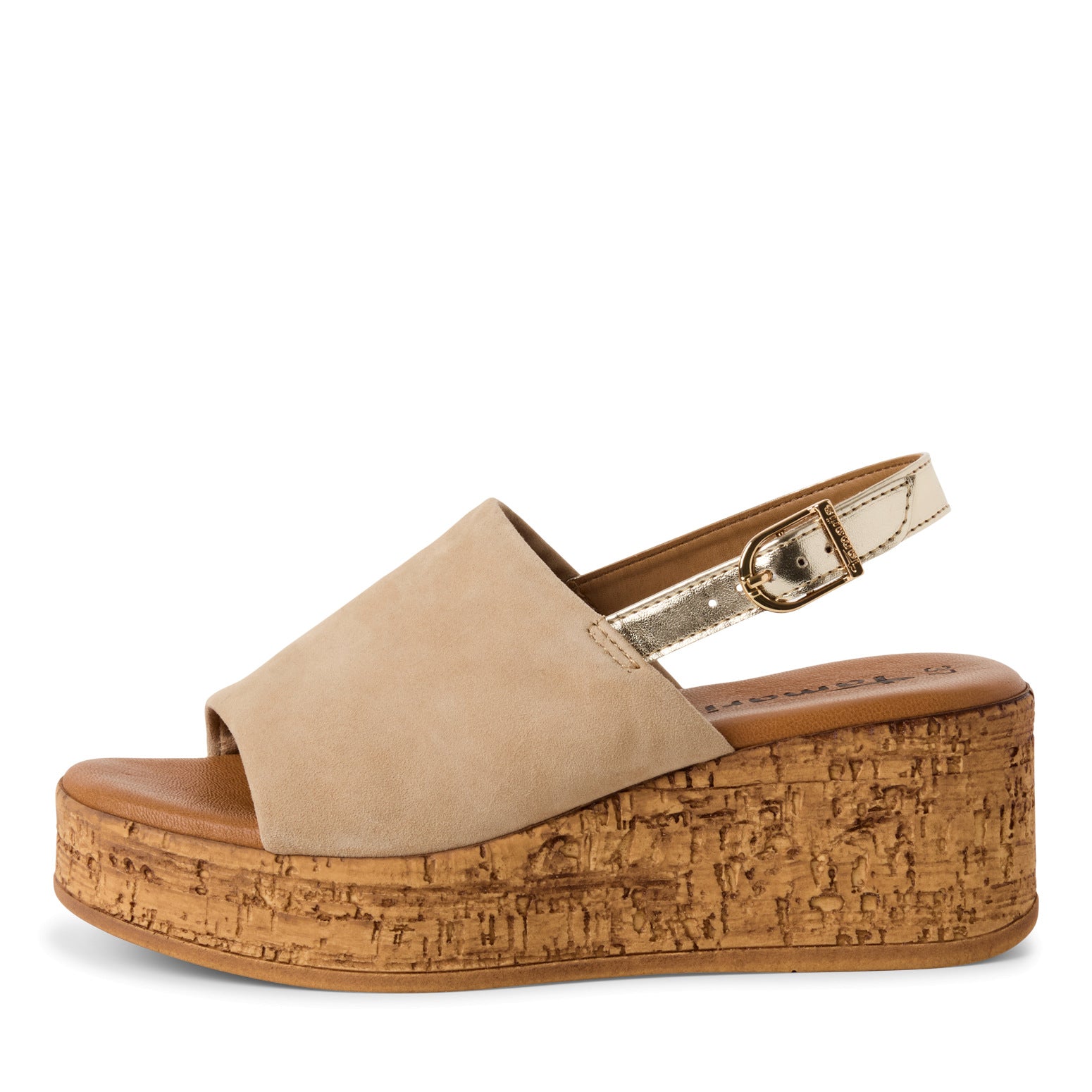 Tamaris 28393-42 beige leather wedge sandals with buckle strap and cork platform for women.