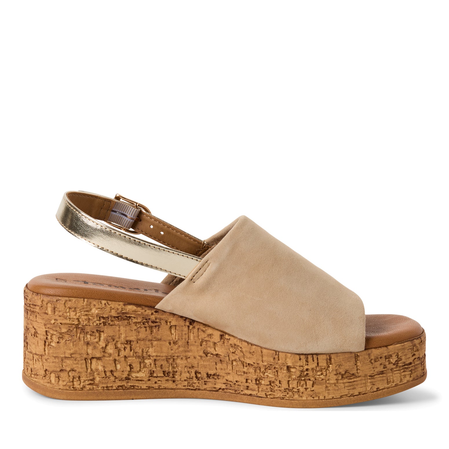 Tamaris 28393-42 beige leather platform sandals with buckle strap and cork sole.