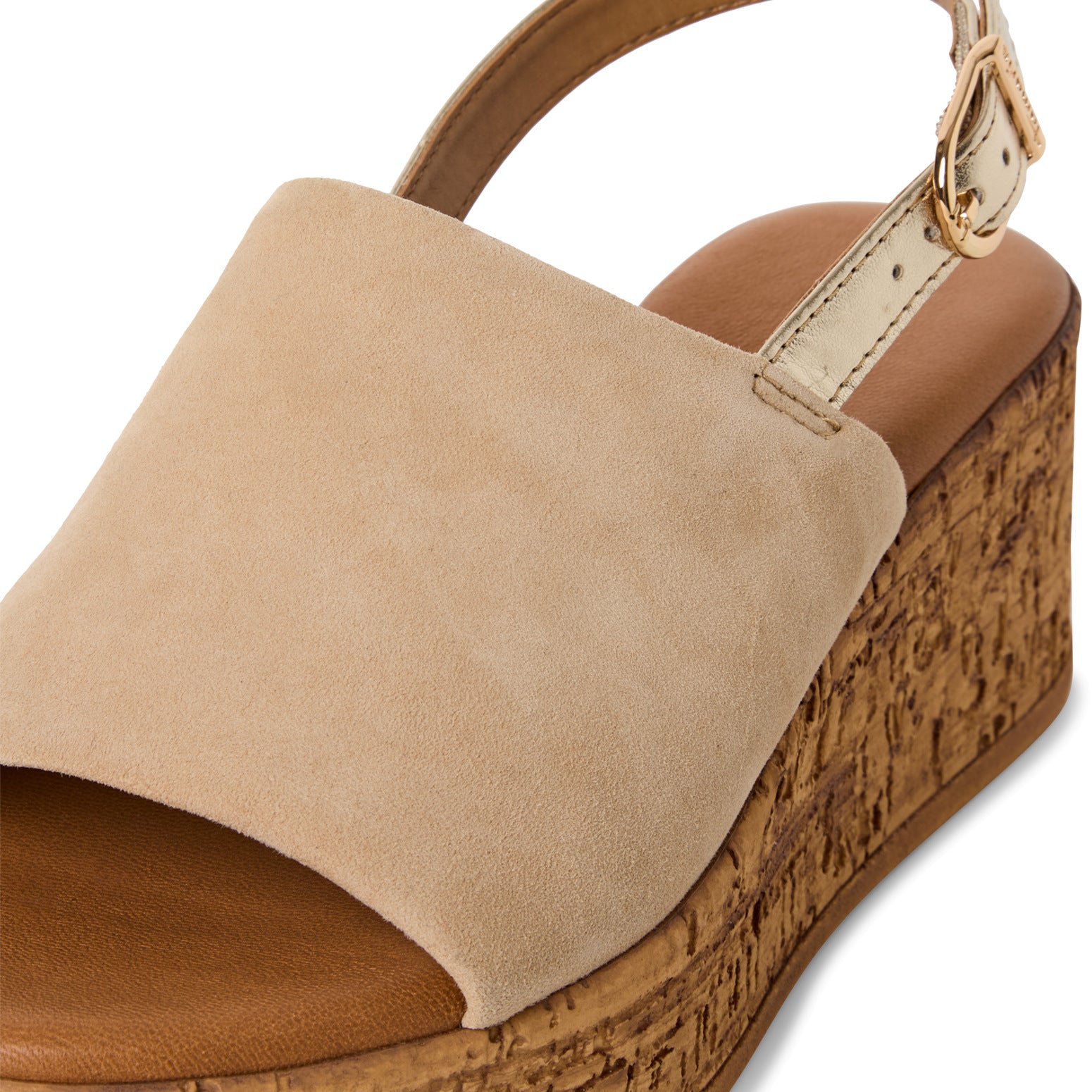 Tamaris 28393-42 beige leather wedge sandals with buckle strap, cork platform, and open toe design.