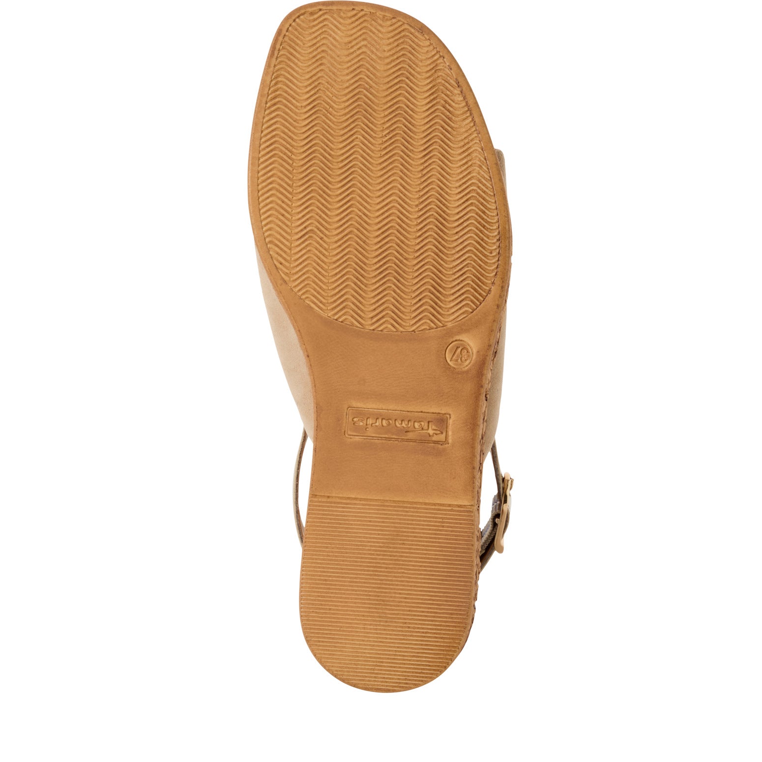 Tamaris 28393-42 women's beige leather buckle sandal with textured sole and low heel, Italian style, size 37.