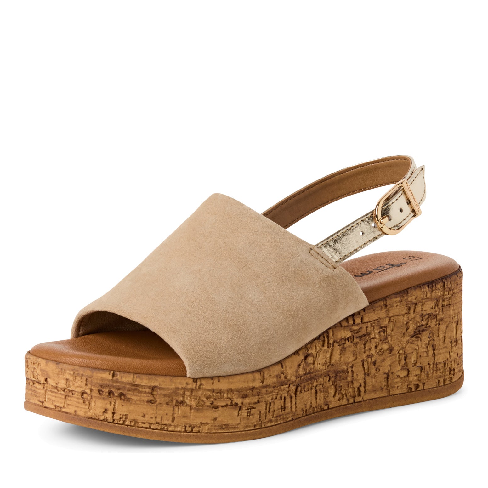 Tamaris 28393-42 beige leather wedge sandals with buckle strap and cork platform for women.
