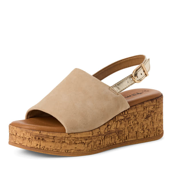 Tamaris 28393-42 beige leather wedge sandals with buckle strap and cork platform for women.
