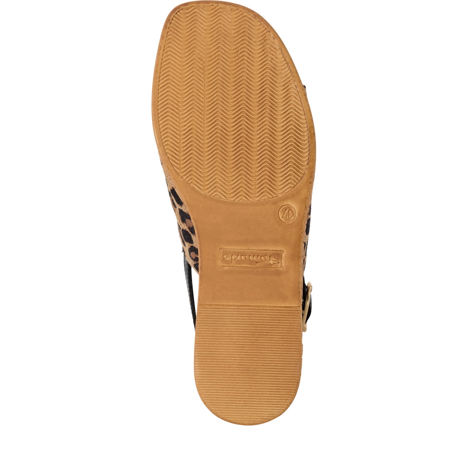 Tamaris 28393-42 women's Italian leopard leather buckle sandals with a tan sole and animal print strap.