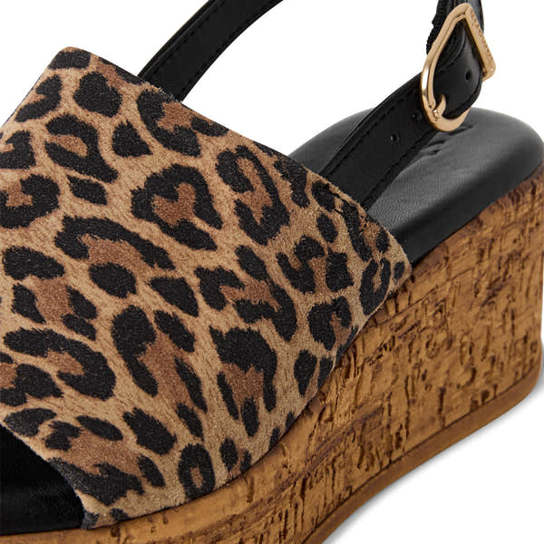 Tamaris Ladies Leopard Leather Wedge Sandals with buckle strap and cork platform heel.