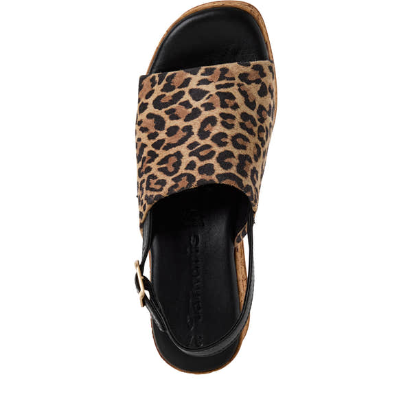 Tamaris women's leopard print Italian leather sandals with buckle strap and cork sole, stylish and comfortable footwear.
