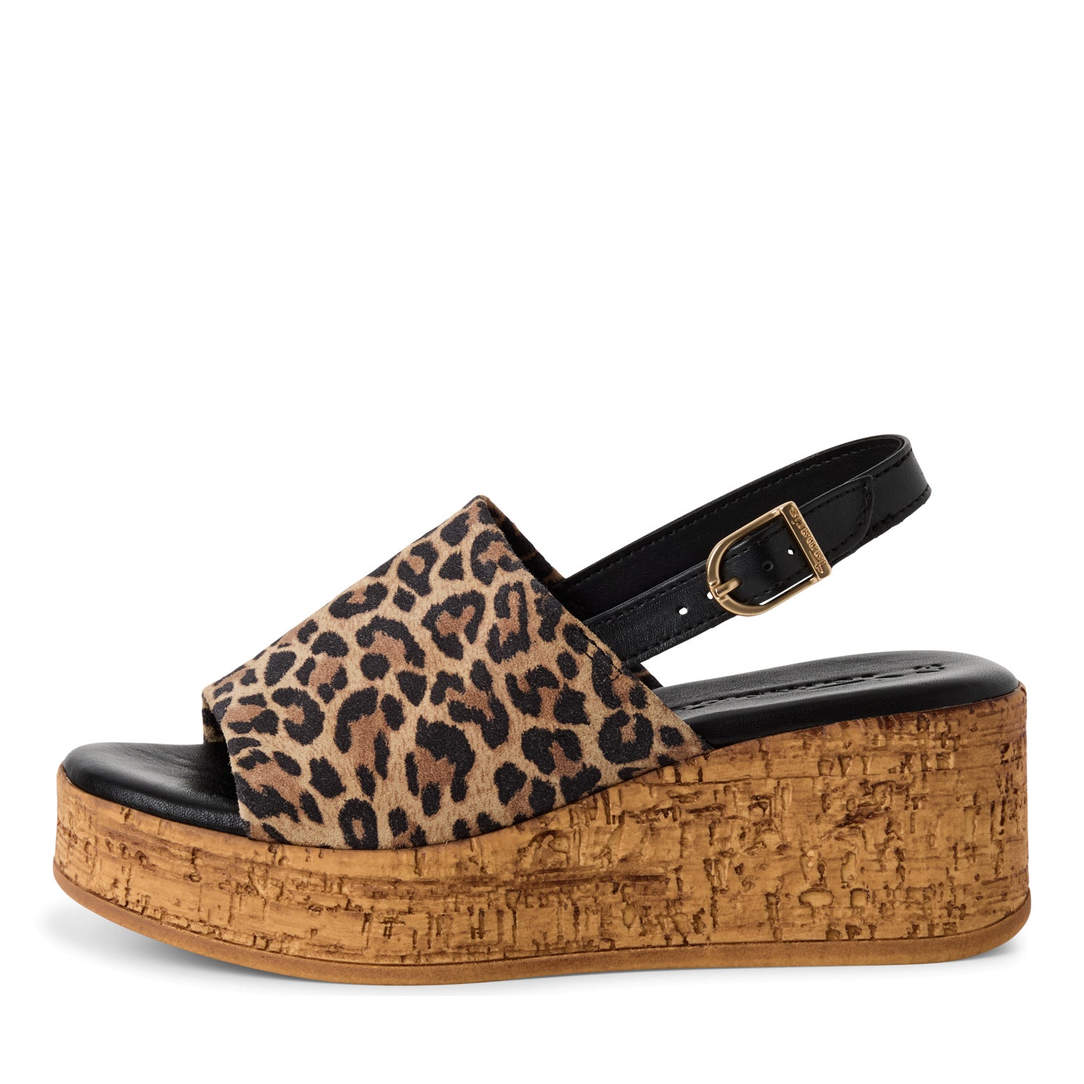 Tamaris 28393-42 women's leopard print leather platform sandals with buckle strap and cork wedge heel.