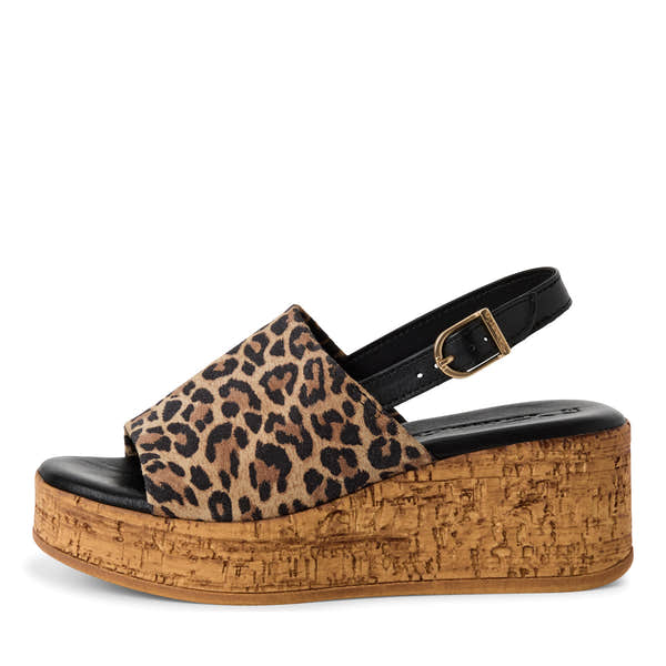 Tamaris 28393-42 women's leopard print leather platform sandals with buckle strap and cork wedge heel.