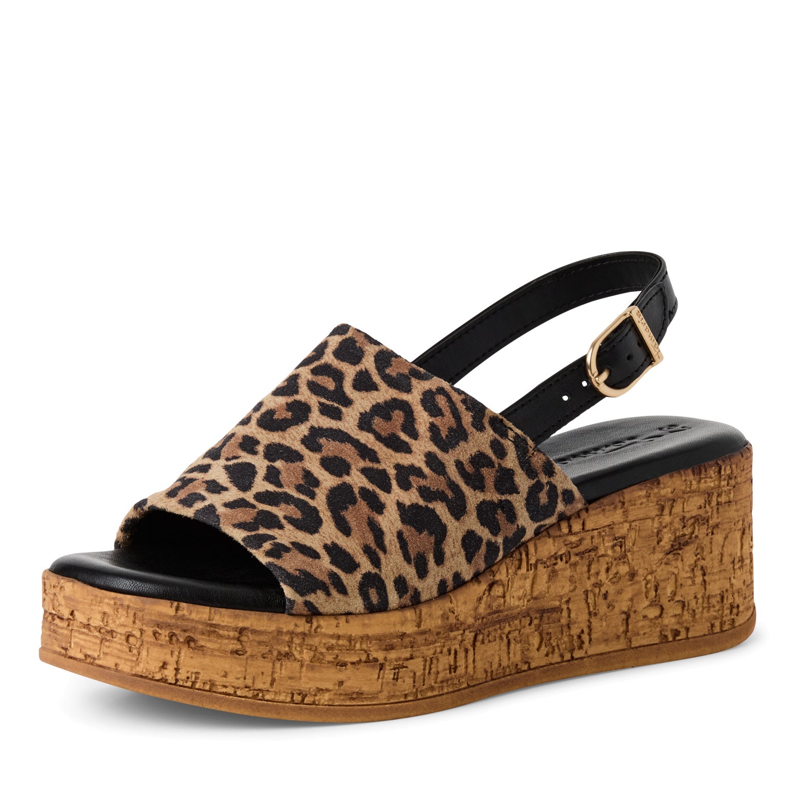 Tamaris 28393-42 women's leopard print leather wedge sandals with ankle buckle and cork platform.
