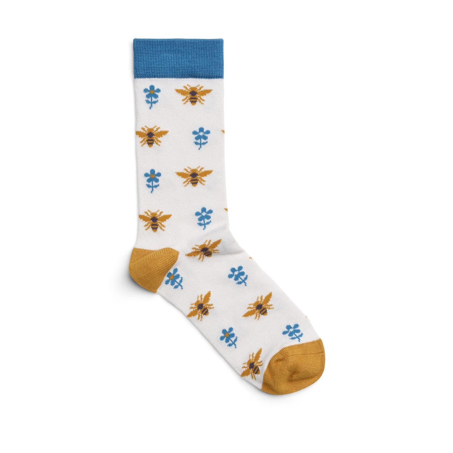 The Quintessential Ladies Socks - Bees Cream, white with blue top, honey bees, and blue floral patterns, with tan heel and toe.