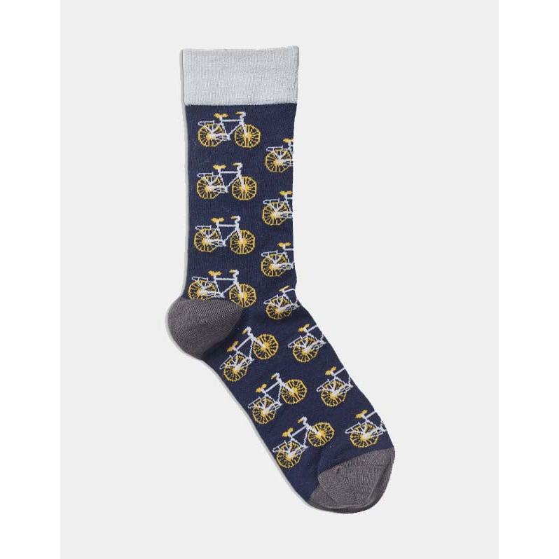 Men's navy socks with yellow bicycle pattern, featuring gray heel, toe, and cuff, stylish and comfortable for everyday wear.