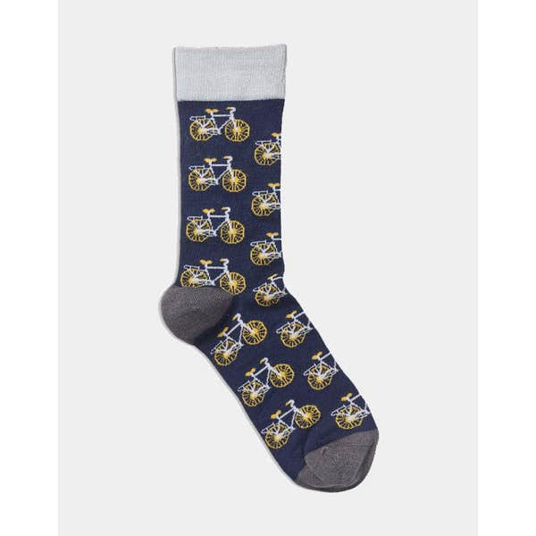 Men's navy socks with yellow bicycle pattern, featuring gray heel, toe, and cuff, stylish and comfortable for everyday wear.