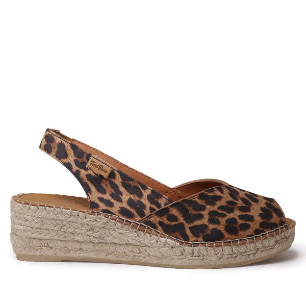 Toni Pons Bernia-P women's Spanish leopard print leather elasticated espadrille sandals with woven jute platform.