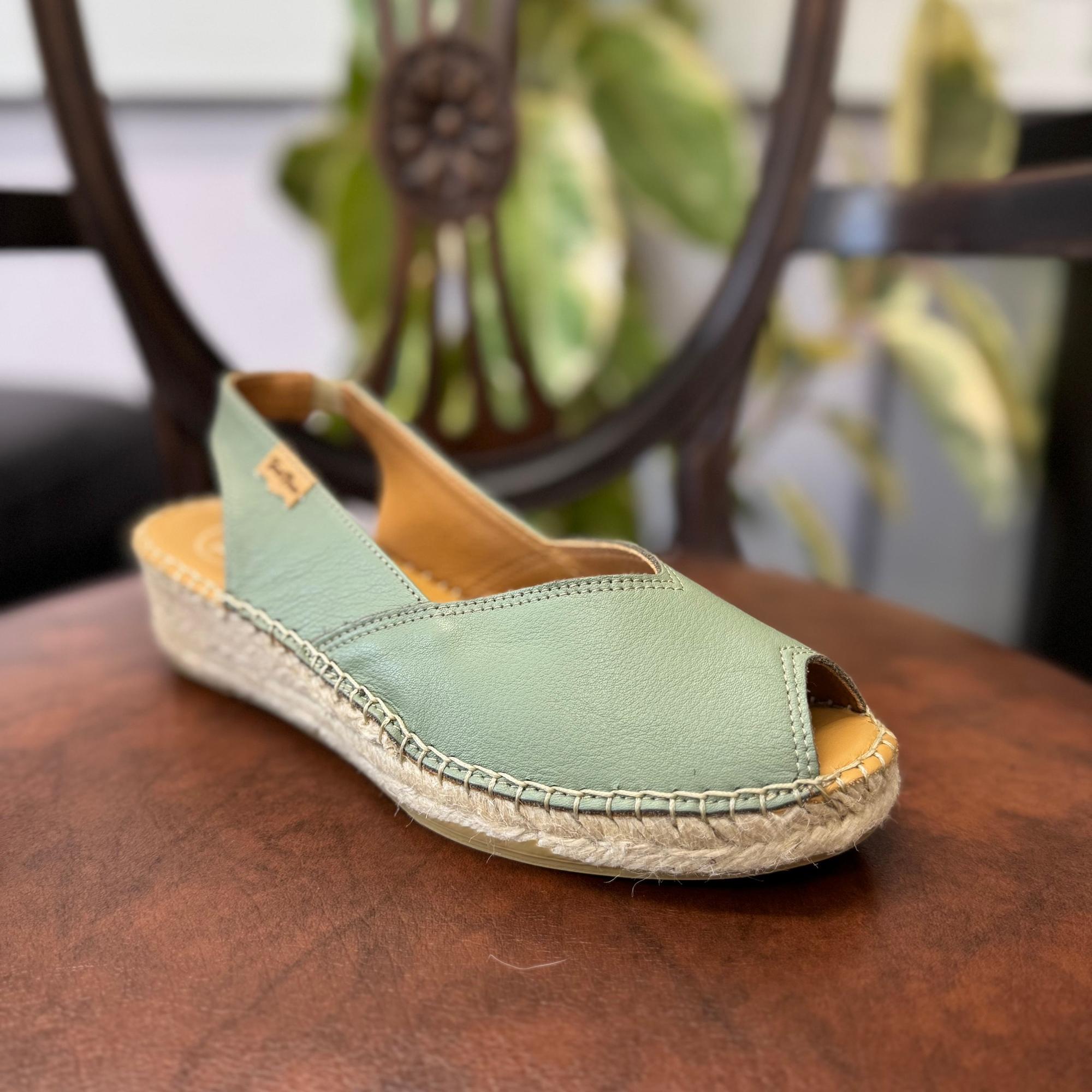 Toni Pons Bernia P women's mint leather pull-on espadrille sandal with jute sole.