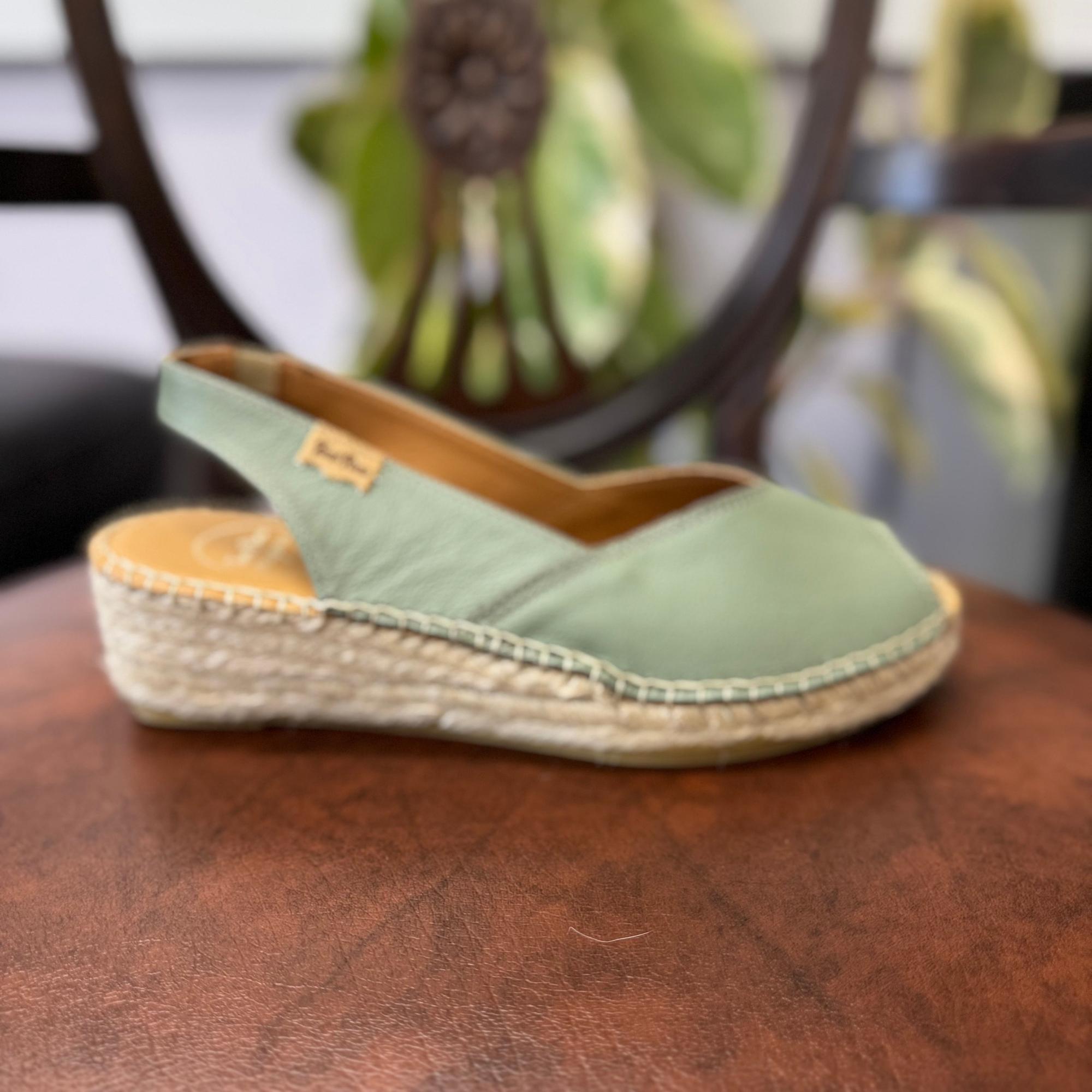 Toni Pons Bernia P women's mint leather slip-on espadrille sandals with woven jute wedge heel.