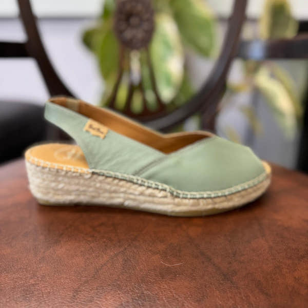 Toni Pons Bernia P women's mint leather slip-on espadrille sandals with woven jute wedge heel.