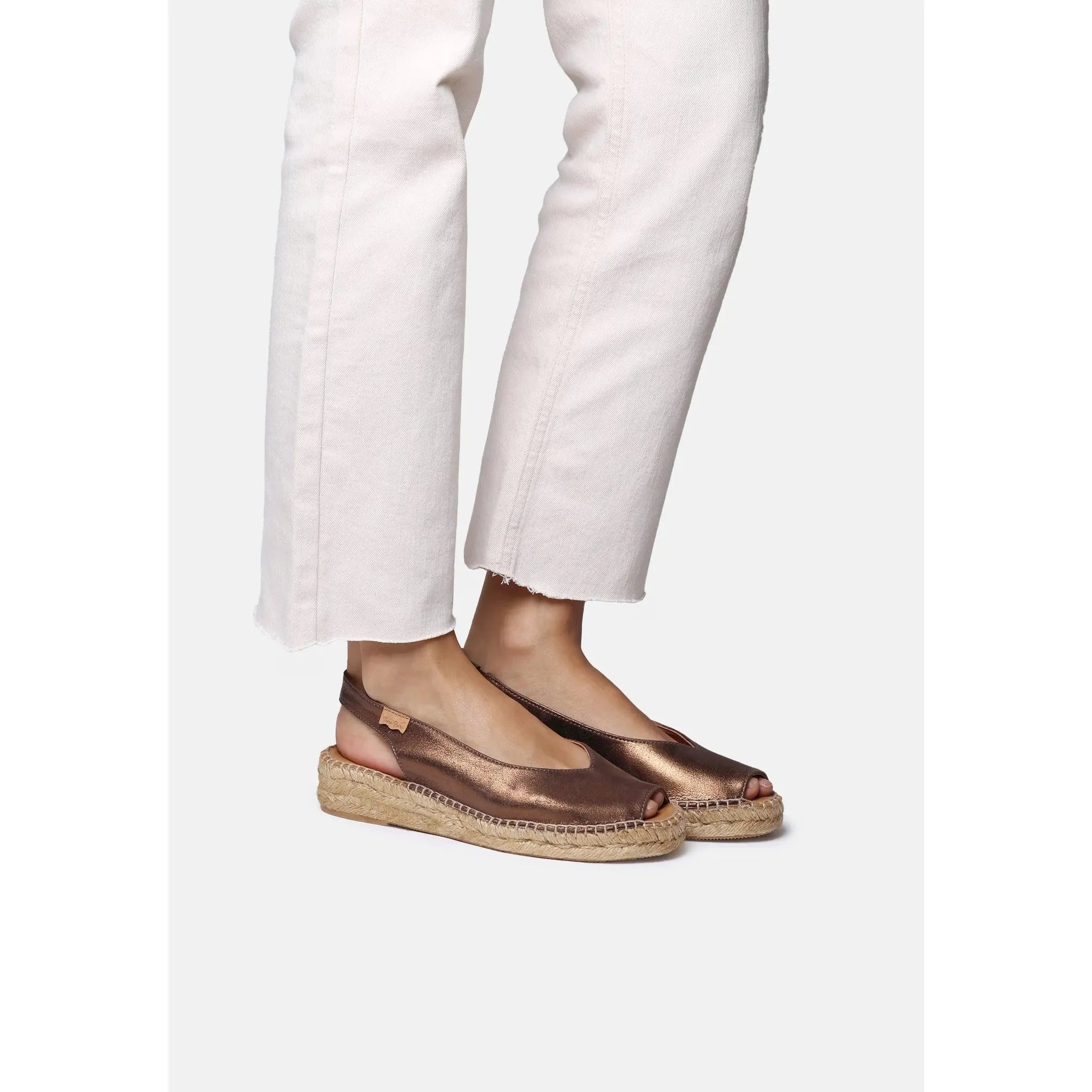 Toni Pons Erica-AS women's bronze leather espadrille wedge sandals with ankle strap and woven sole.