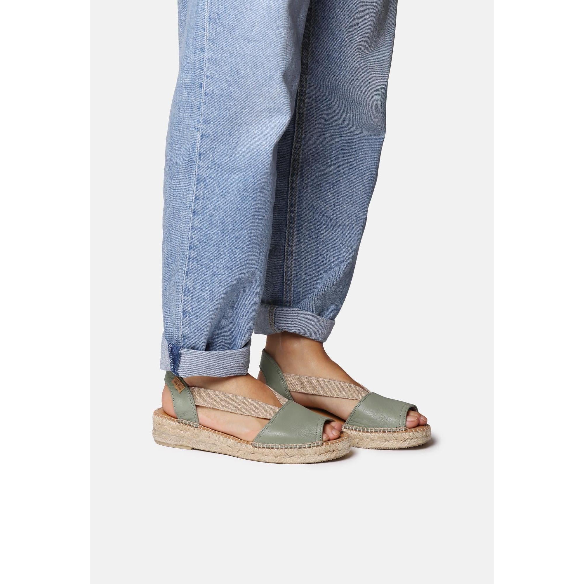 Toni Pons Etna Ladies Mint Leather Espadrille Sandals with Pull-On Design, elastic straps, and jute soles.