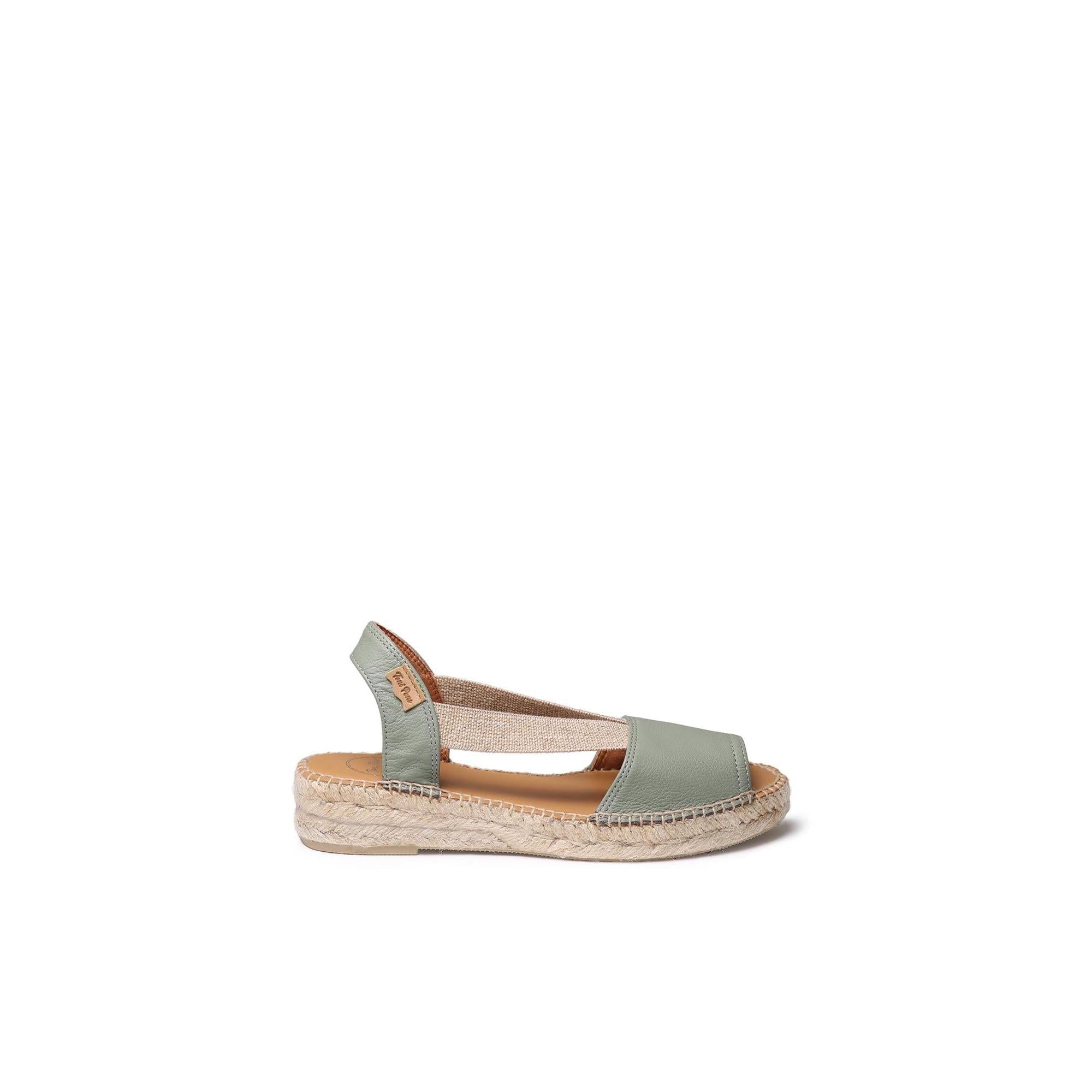 Toni Pons Etna Ladies Spanish mint leather pull-on espadrille sandal with elastic strap and woven jute sole.