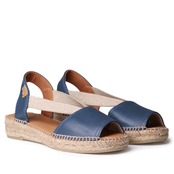 Toni Pons Etna Ladies Navy Leather Elastic Sandals with beige straps and woven espadrille sole.