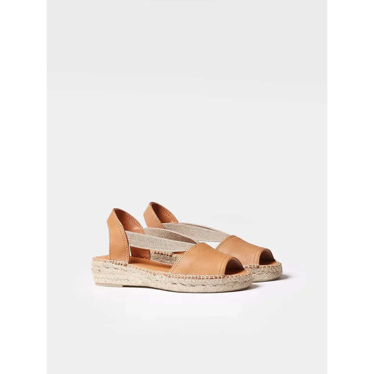 Toni Pons Etna Ladies Spanish tan leather pull-on espadrille sandals with open toe and elastic ankle strap.