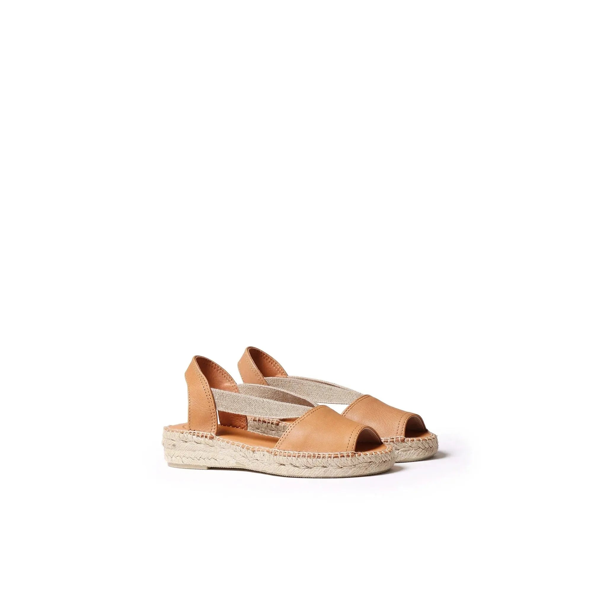 Toni Pons Etna Ladies Spanish tan leather pull-on espadrille sandals with ankle straps and woven platform sole.