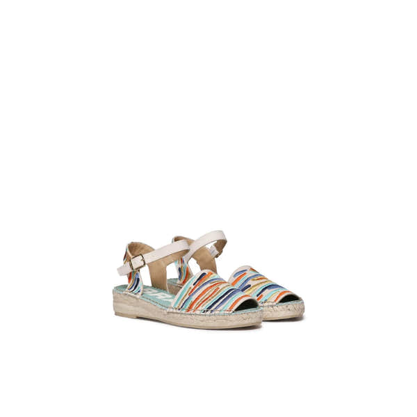Toni Pons Garbet women’s multi-textile buckle sandals with colorful striped design and beige straps, casual summer footwear.