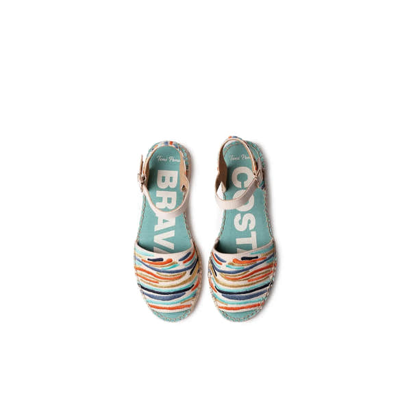Toni Pons Garbet women's Spanish multi-textile buckle sandals with colorful striped pattern and slingback straps.