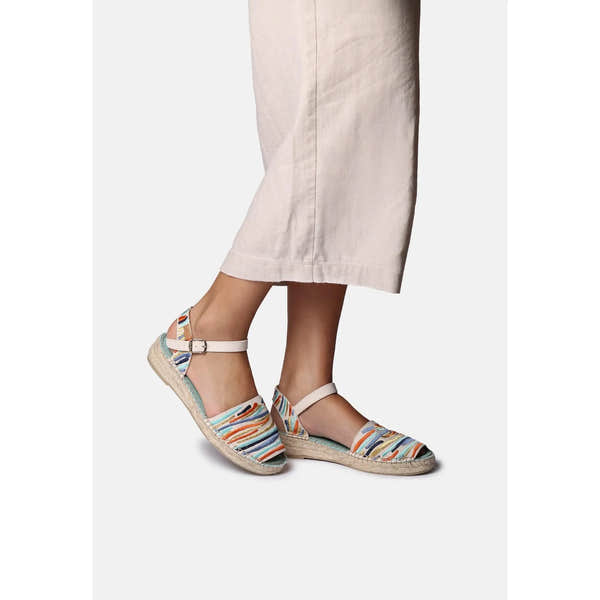 Toni Pons Garbet women's multi-textile buckle sandals featuring colorful striped fabric design and espadrille-inspired soles.