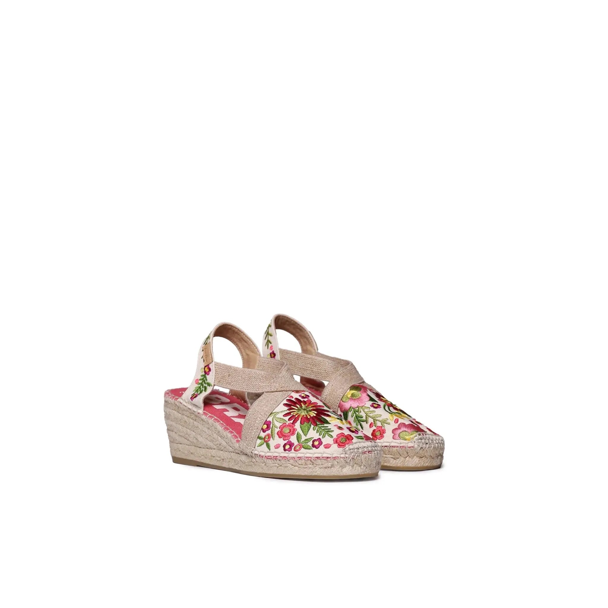 Toni Pons Monjoi women's Spanish peony floral textile elasticated platform sandals with woven espadrille sole.