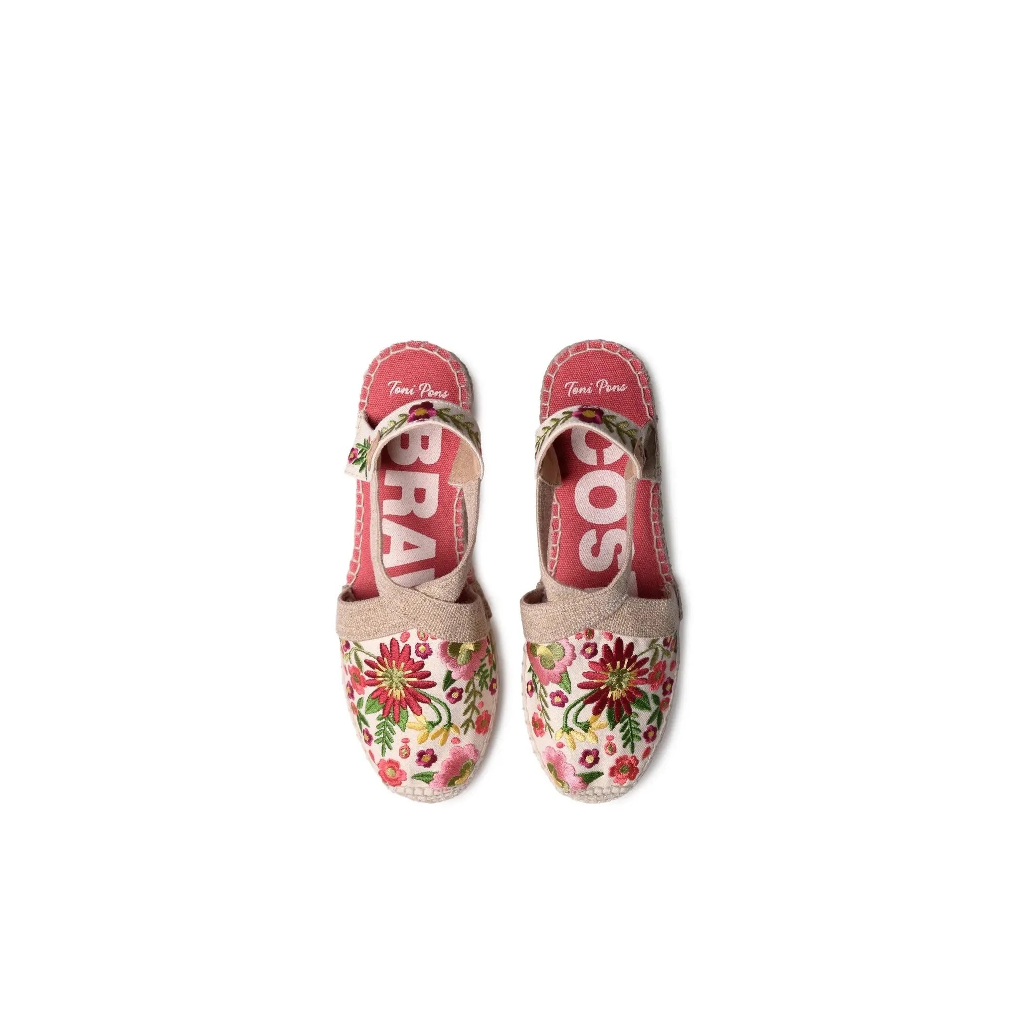 Toni Pons Monjoi ladies espadrille-style sandals with floral print, pink textile straps, and floral accents.
