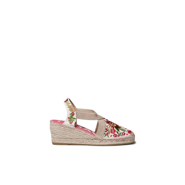 Toni Pons Monjoi ladies Spanish peony textile espadrille wedge sandal with elasticated strap and floral embroidery.