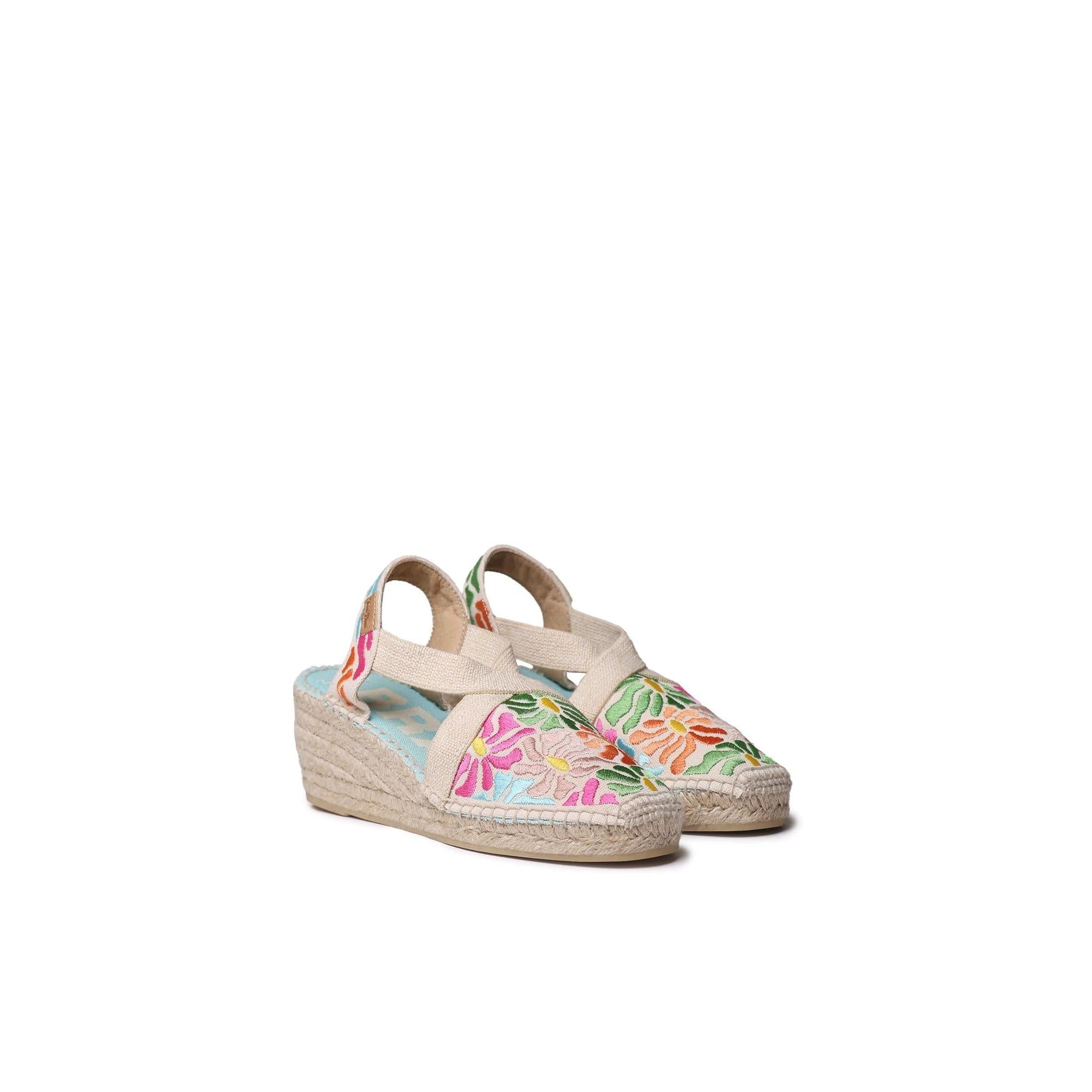 Toni Pons Montjoi ladies Spanish mosaic textile espadrille sandals with elastic straps and wedge heel.