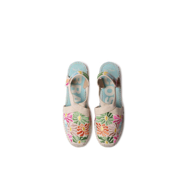 Toni Pons Montjoi ladies espadrille sandals with Spanish mosaic embroidery, elastic straps, and floral design in pastel colors.