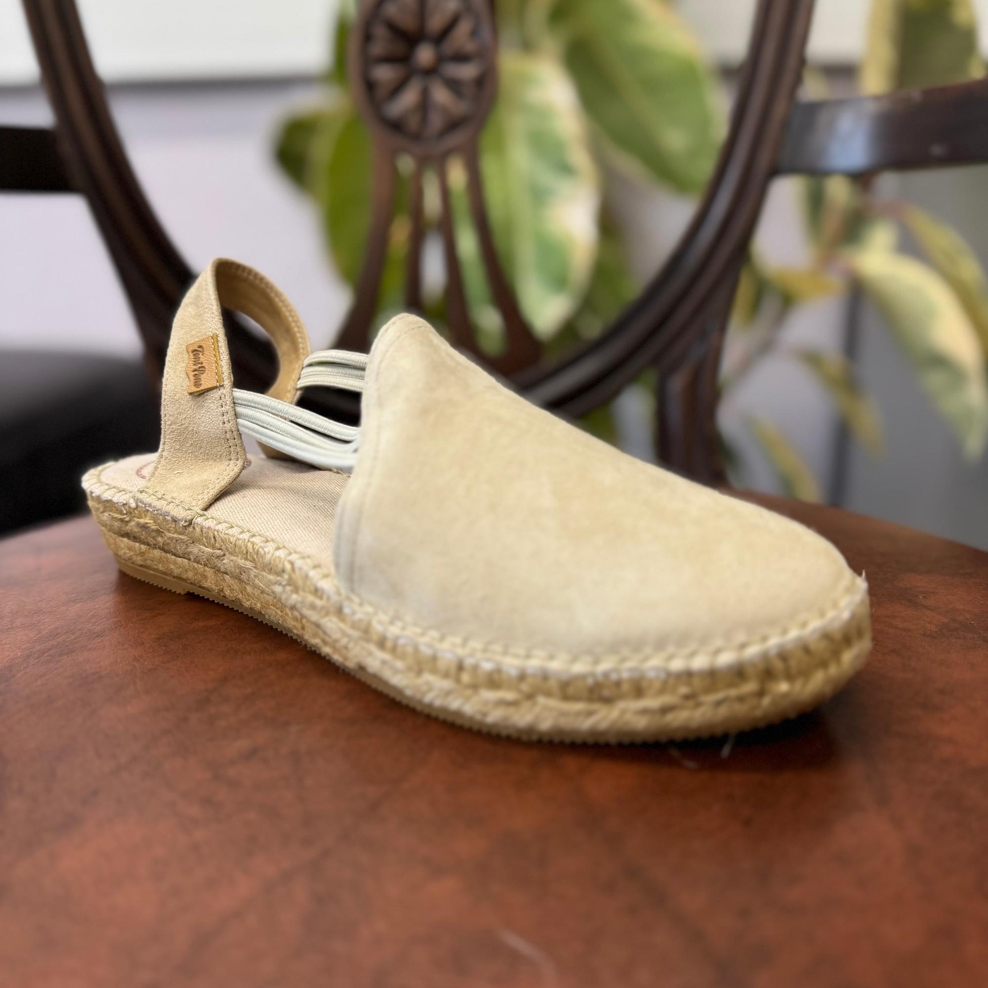 Toni Pons Nuria women's Spanish leather pull-on espadrille sandals with stone-colored upper and elastic side inserts.