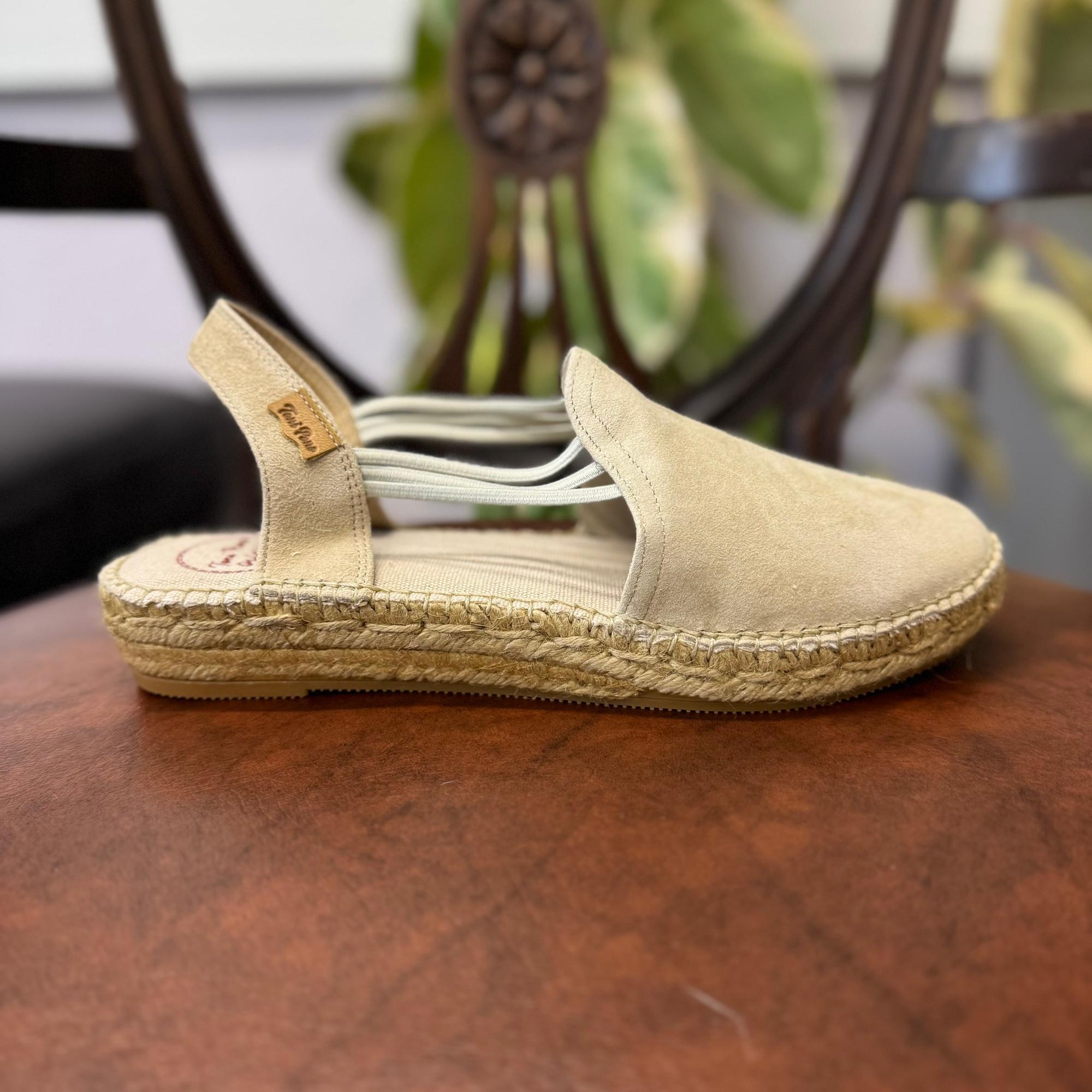 Toni Pons Nuria ladies Spanish leather stone pull-on espadrille sandals with woven jute sole.