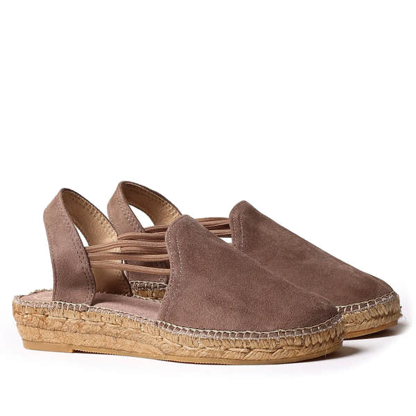 Toni Pons Nuria ladies Spanish taupe suede pull-on espadrille sandals with jute sole and ankle straps.