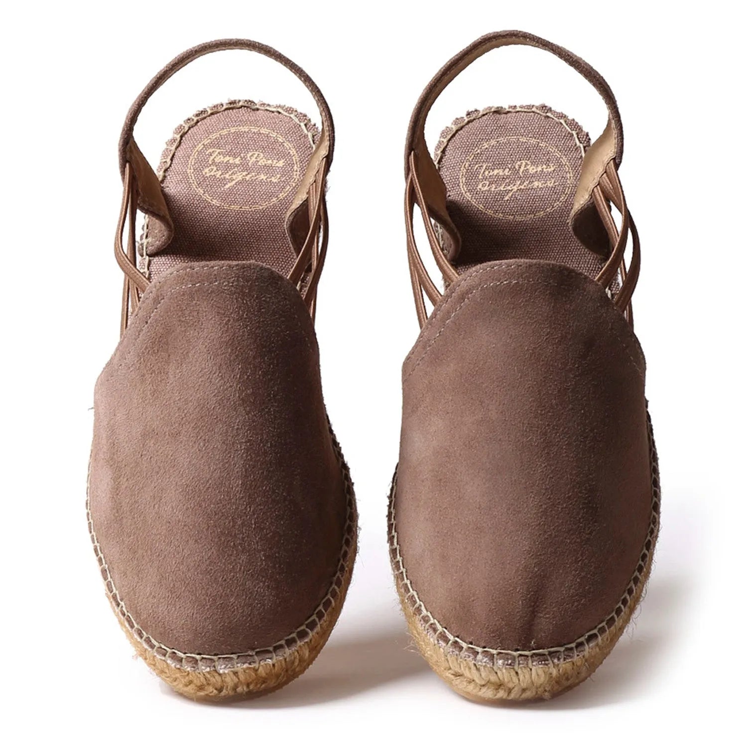 Toni Pons Nuria women's taupe suede slip-on sandals with espadrille sole and open back.