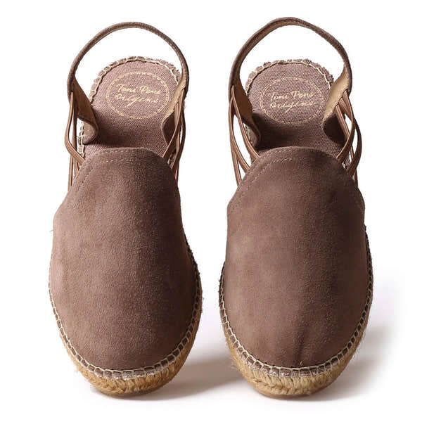 Toni Pons Nuria women's taupe suede slip-on sandals with espadrille sole and open back.