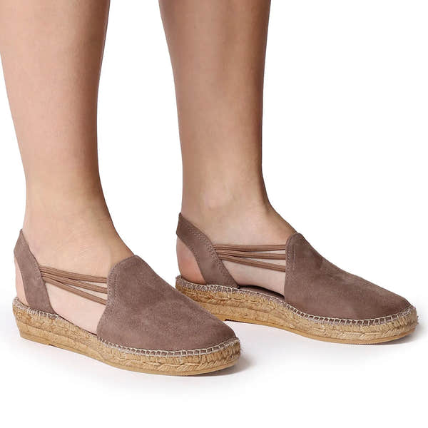 Toni Pons Nuria women's taupe suede espadrille sandals with elastic straps and jute wedge sole.
