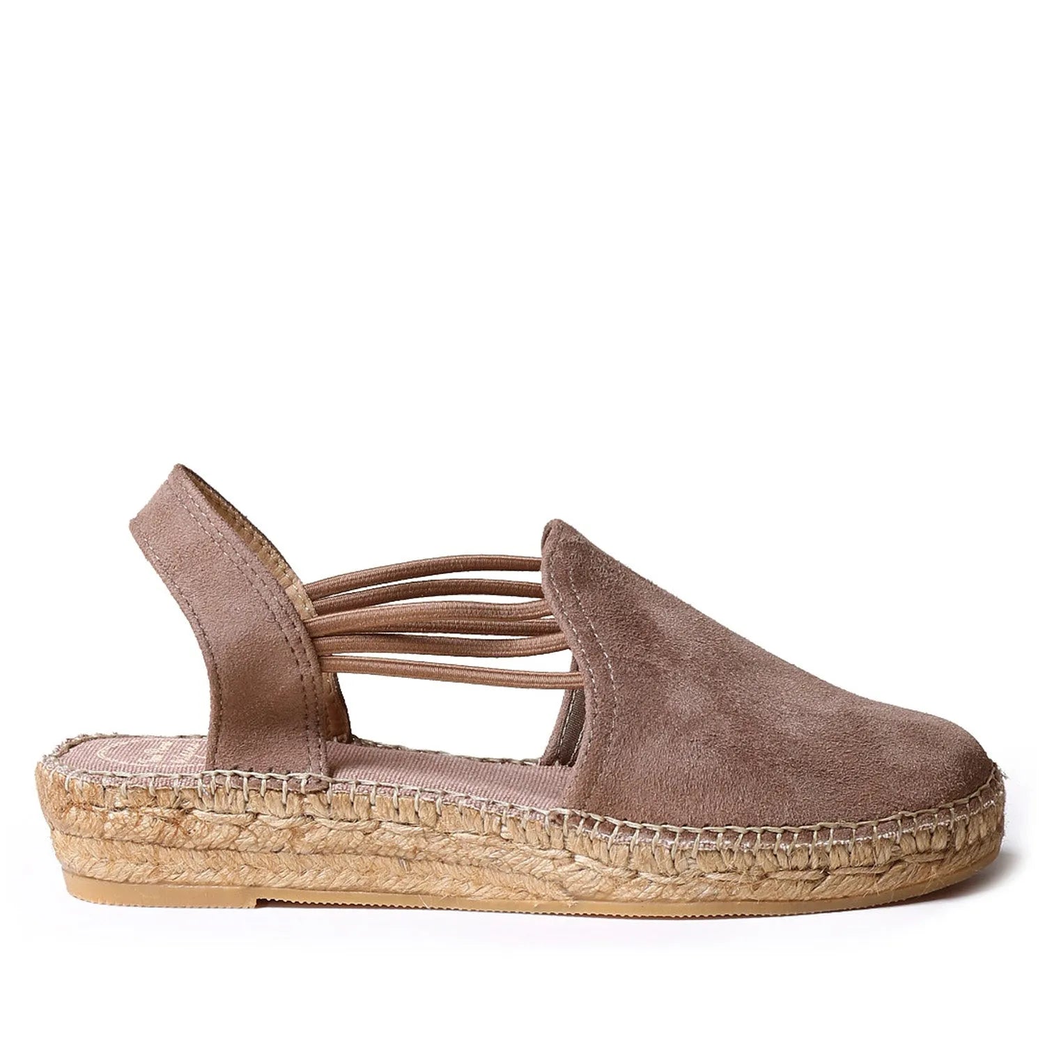 Toni Pons Nuria Ladies Taupe Suede Espadrille Sandals with elastic ankle straps, pull-on style, and woven jute sole.
