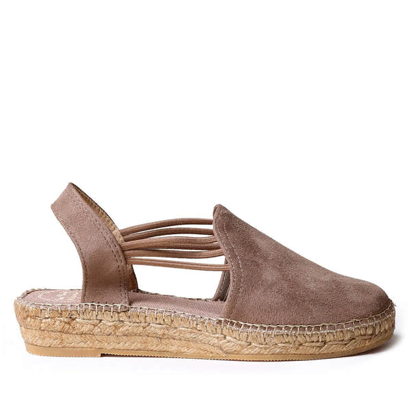Toni Pons Nuria Ladies Taupe Suede Espadrille Sandals with elastic ankle straps, pull-on style, and woven jute sole.