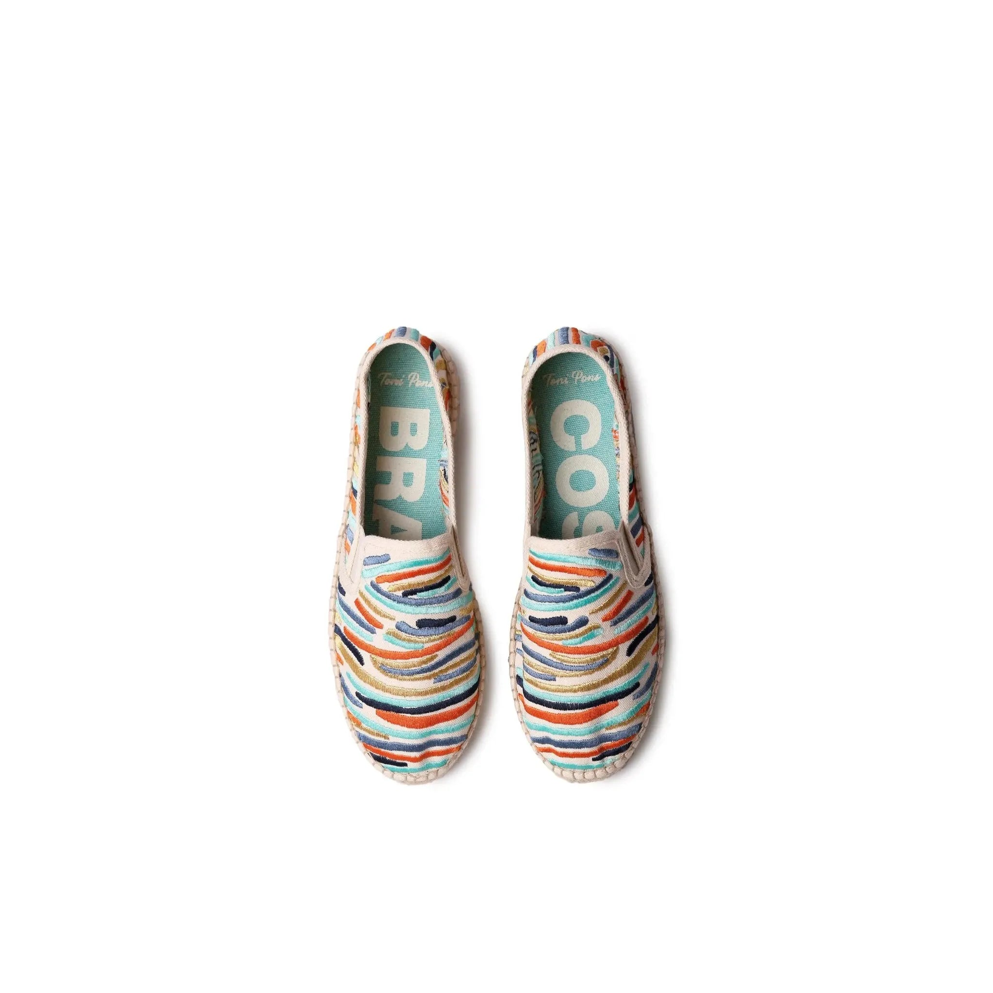Toni Pons Pola Ona Ladies multi-textile elasticated shoes, colorful striped pattern, comfortable slip-on design.
