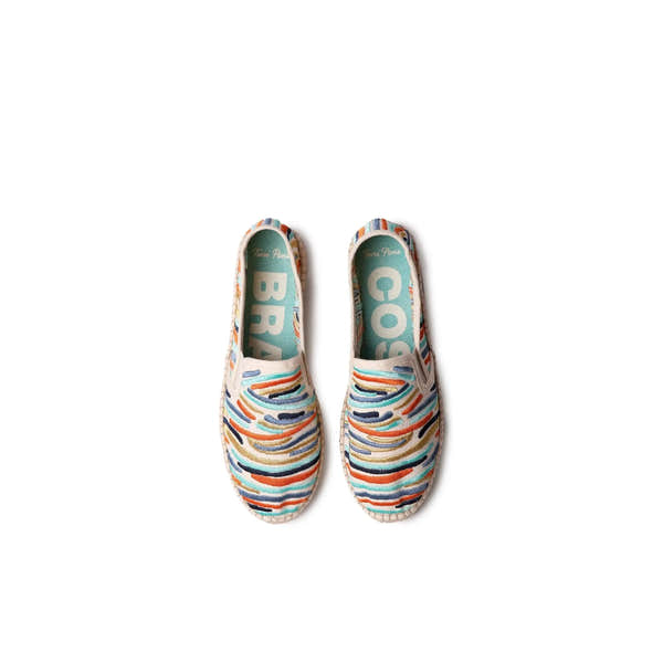 Toni Pons Pola Ona Ladies multi-textile elasticated shoes, colorful striped pattern, comfortable slip-on design.