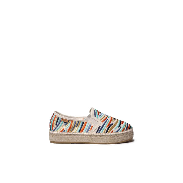 Toni Pons Pola Ona women's Spanish multi-textile elasticated espadrille shoe with colorful striped pattern and jute platform sole.