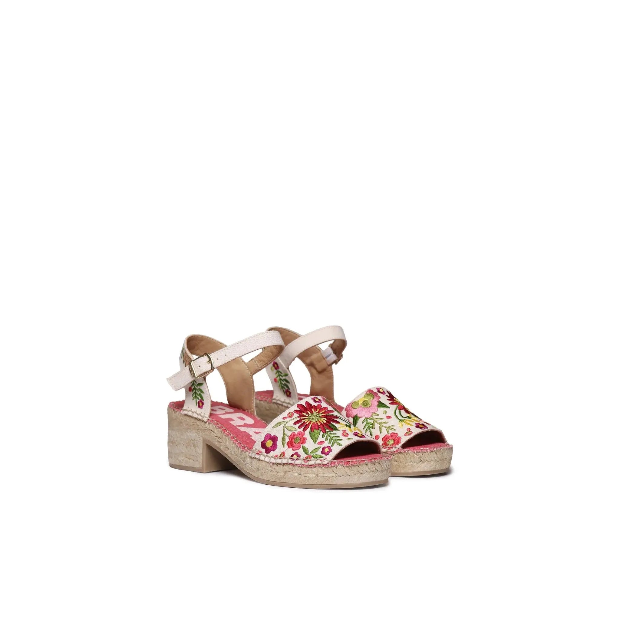 Toni Pons Tamariu women's espadrille sandals with floral embroidery, wedge heel, ankle strap, and textile buckle.