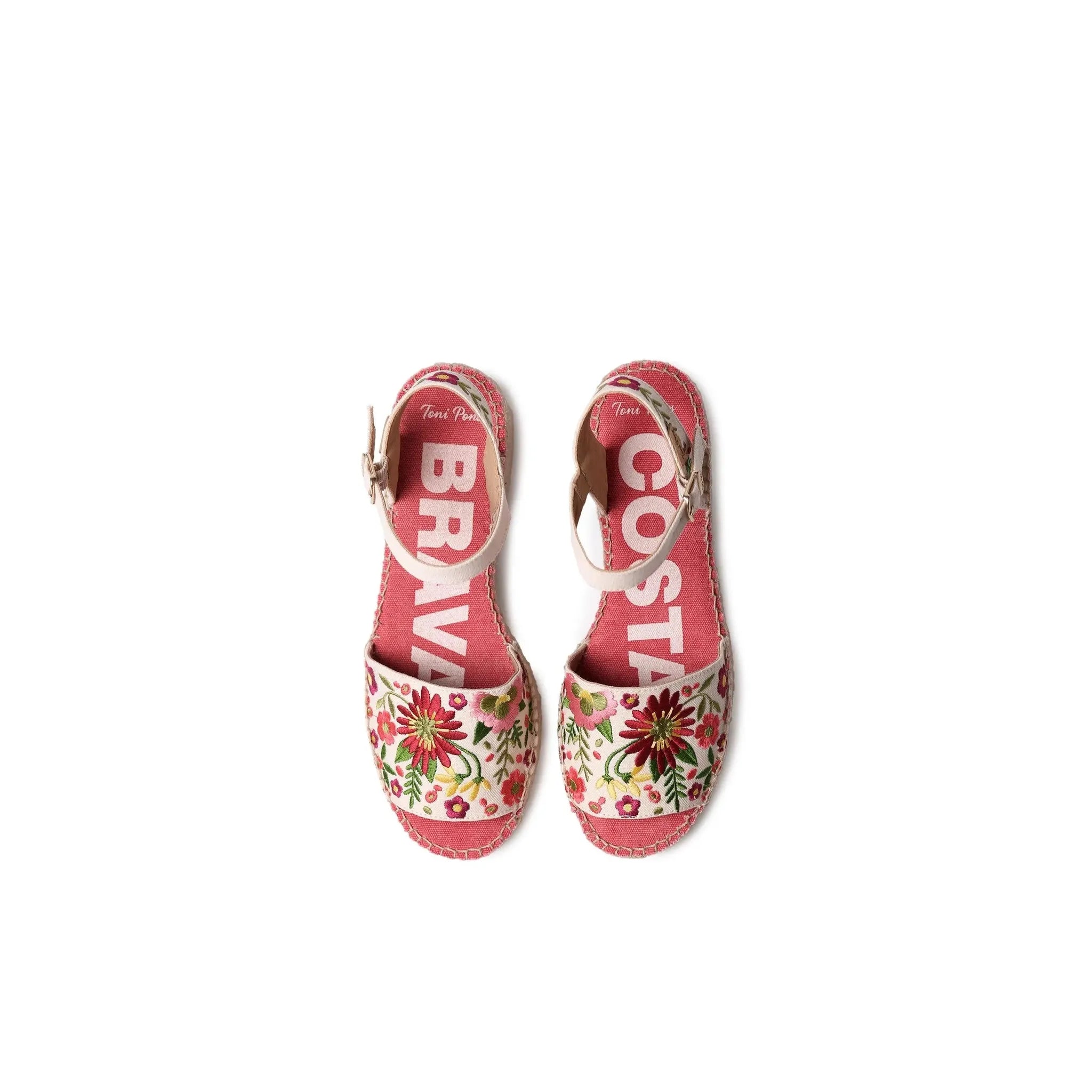 Toni Pons Tamariu women's Spanish textile buckle sandals with colorful floral pattern and pink insole.