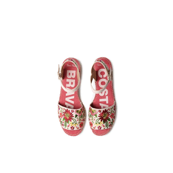 Toni Pons Tamariu women's Spanish textile buckle sandals with colorful floral pattern and pink insole.