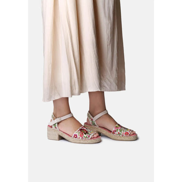 Toni Pons Tamariu ladies' Spanish textile buckle sandals with floral embroidery, wedge heel, and ankle straps.