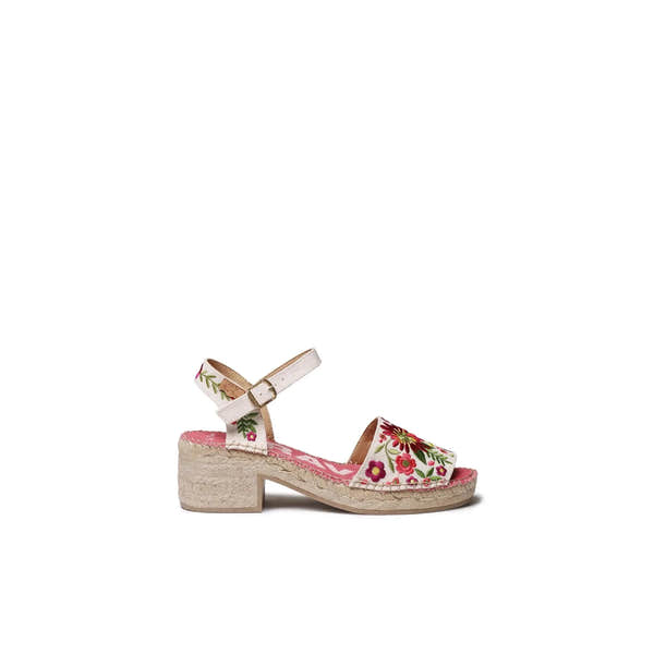 Toni Pons Tamariu women's espadrille with floral fabric straps, wooden heel, and woven jute sole.