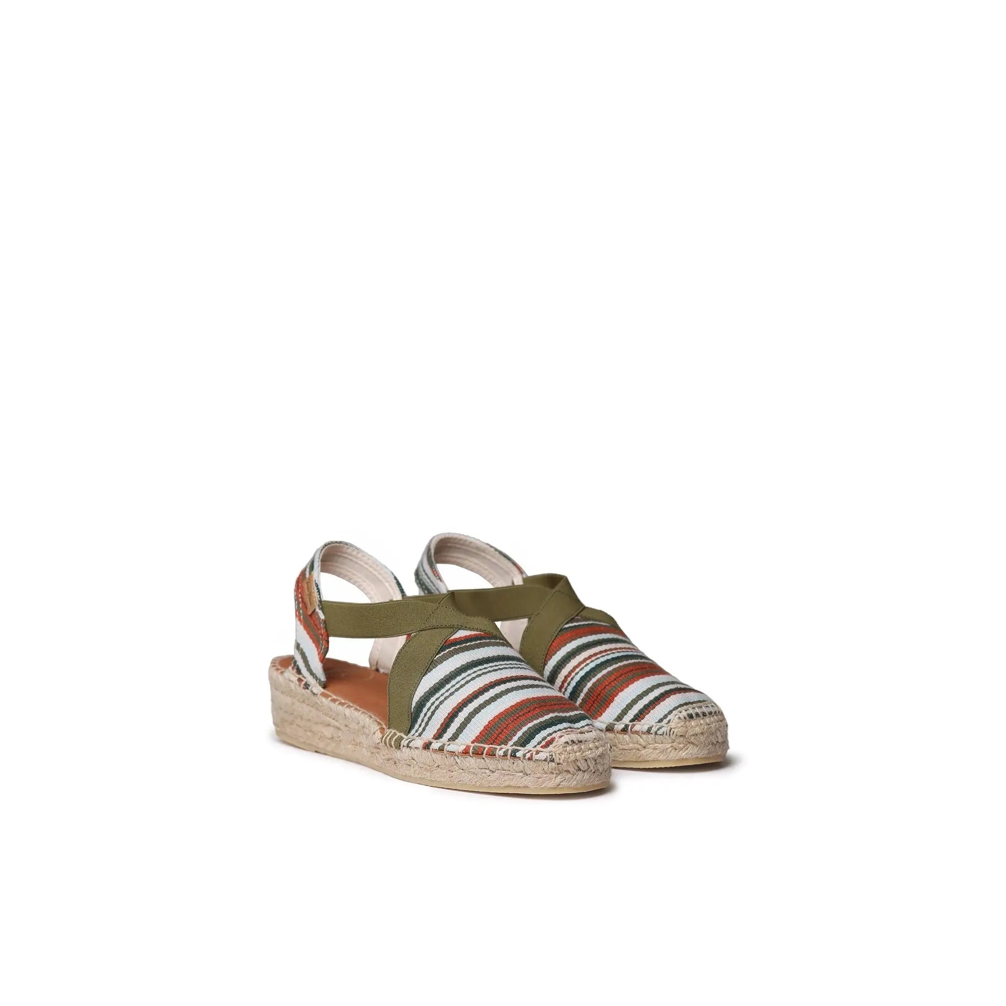 Toni Pons Vinaros ladies Spanish khaki textile elasticated sandals with striped fabric straps and espadrille wedge sole.
